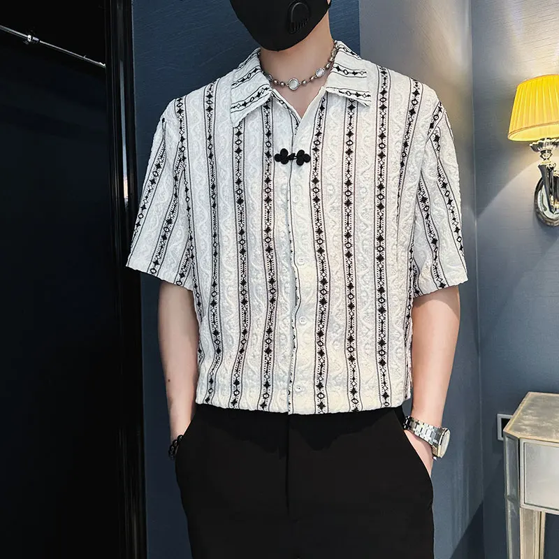 

Chinese Style Striped Men's Shirt Fashion Short Sleeved Casual Social Shirts Handsome Office Work Streetwear Shirts Men Clothing