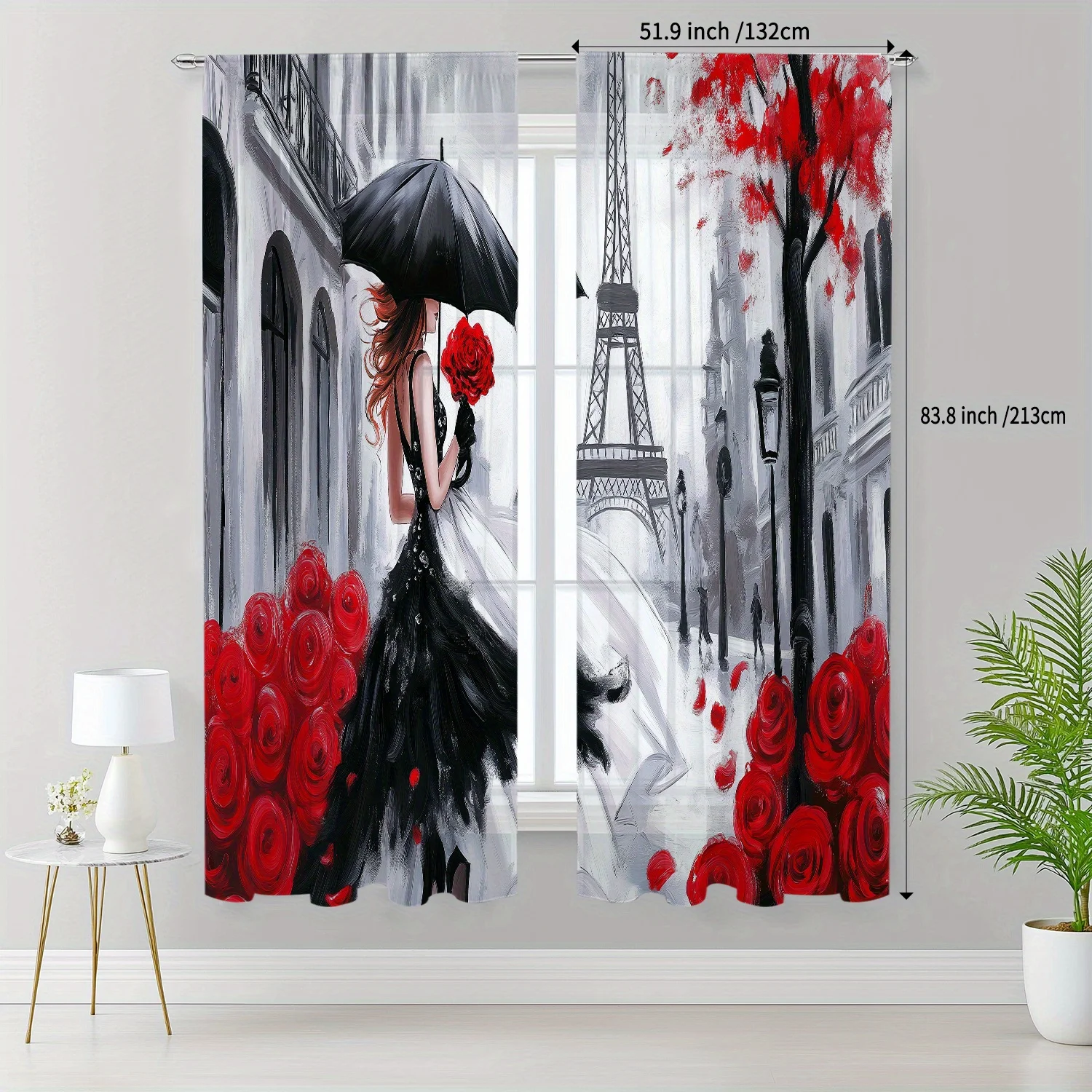 2pcs Paris Girl Curtains Red Rose Eiffel Tower Window Drapes Fashion Art Living Room Decor Romantic Oil Painting Style