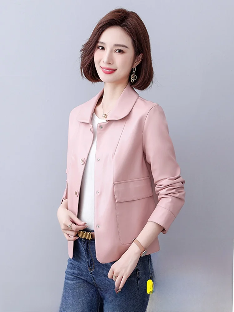 Nuova Giacca in Pelle da Donna Primavera-Autunno 2025, Slim Fit, in Pelle di Pecora, Stile Trendy per il Pendolarismo, Manica Lunga