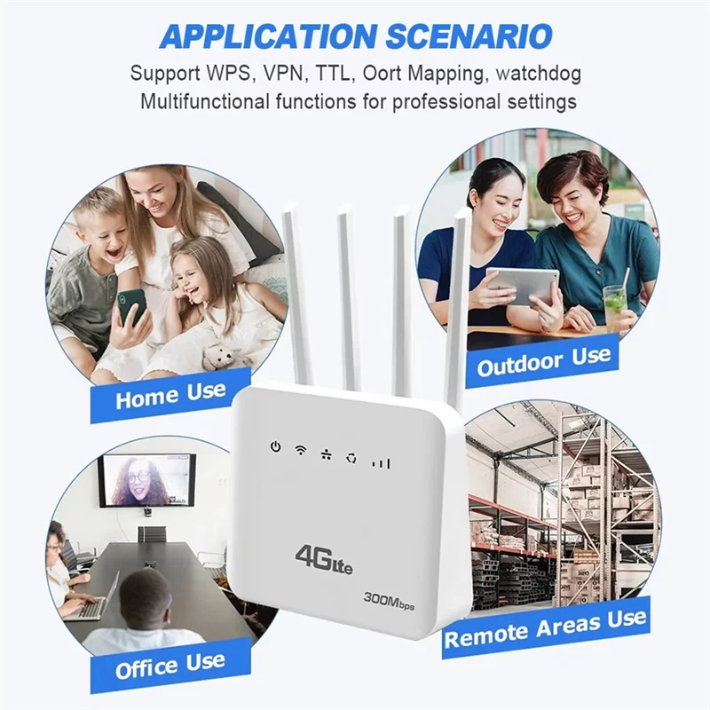 Enrutador LTE 4G CPE Wifi 6 bien hecho con ranura para tarjeta SIM, velocidad de Internet de 300 Mbps, diseño de cuatro antenas para Europa