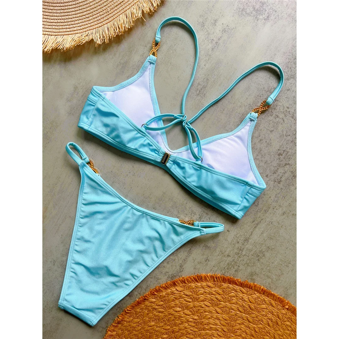 10 Farben, V-Ausschnitt, mit Strasssteinen verzierter Bikini, Damen-Badeanzug, zweiteiliges Bikini-Set, gepolsterter Badeanzug, Badebekleidung, Modell V8138. – Detail 9