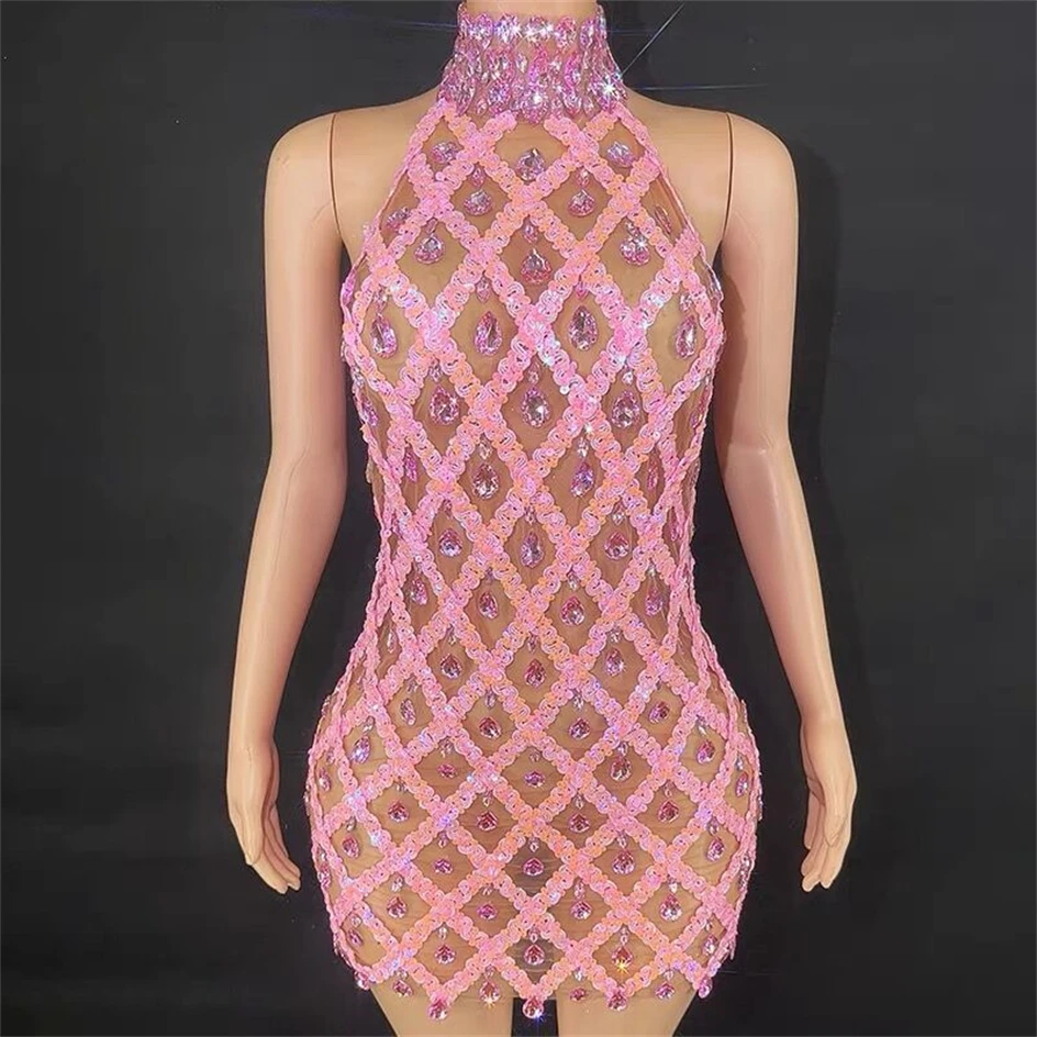 

High Quality Sparkling Rhinestones Pink Color Sexy Backless Halter Bodycon Mini Dress Birthday Celebrate Evening Party Dress