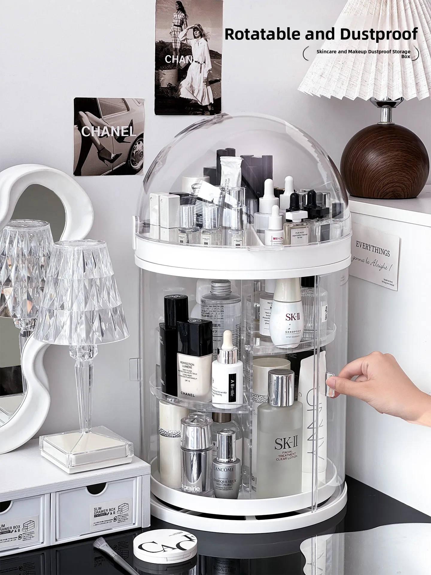

Acrylic Cosmetic Storage Box Dustproof round Desktop Organizer Transparent Perfume Lipsti Holder Rotating eup Holder