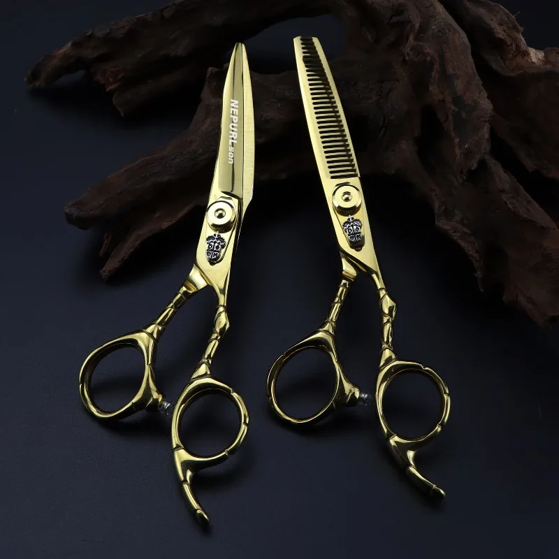 NEPURLson 6.0inch golden crocodile handle high-end hair scissors made of JP440C right-handed  sharp durable comfortable