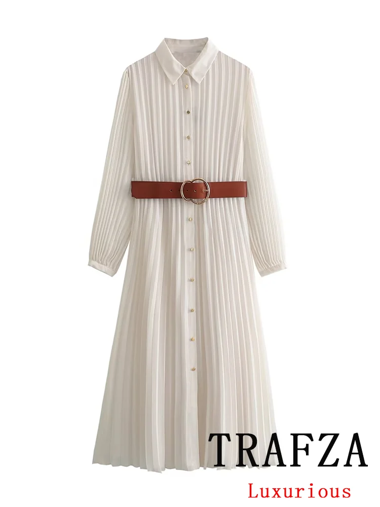 TRAFZA Vintage Casual Chic Women Dress Solid Belt Button Long Sleeve Slim Long Straight Vestidos New Fashion 2024 Spring Dress