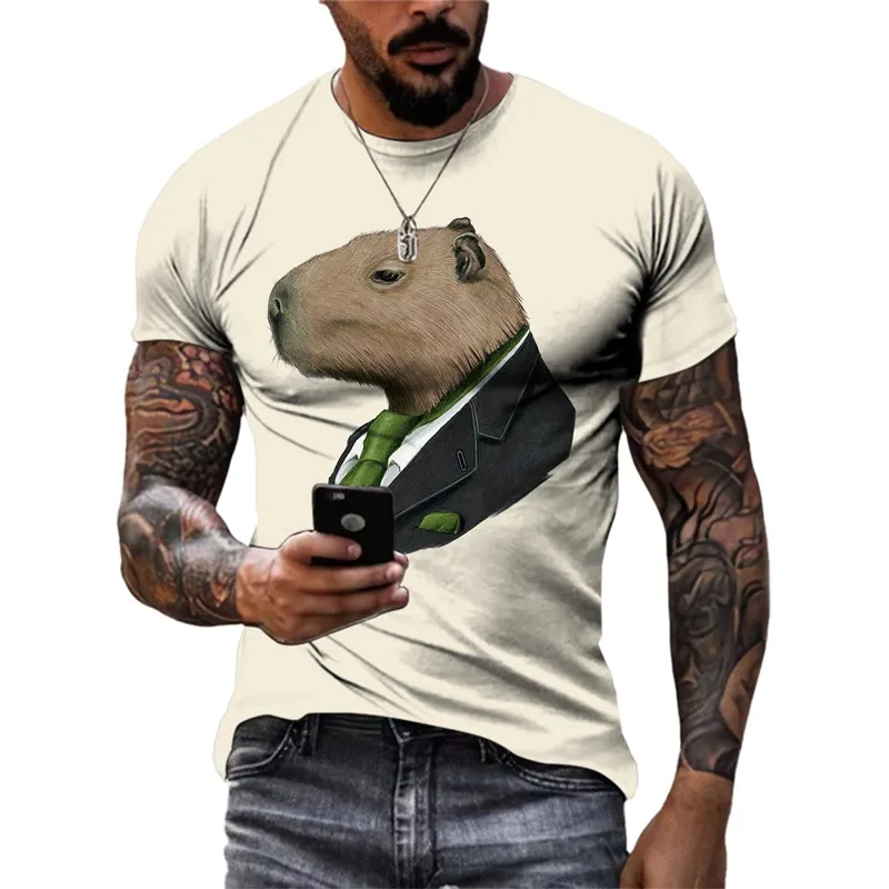 Summer Men Cute Naughty Capybara 3d Graphic T-Shirt Trend Fashion Street Short Sleeve O Collar Tops Oversized Clothing