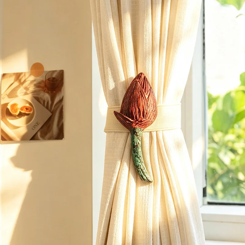 Vintage Resin Lotus Bud Curtain Tie Back Chinese Flower Drape Holder with Elastic Strap for Living Room Bedroom Home Decor Gift
