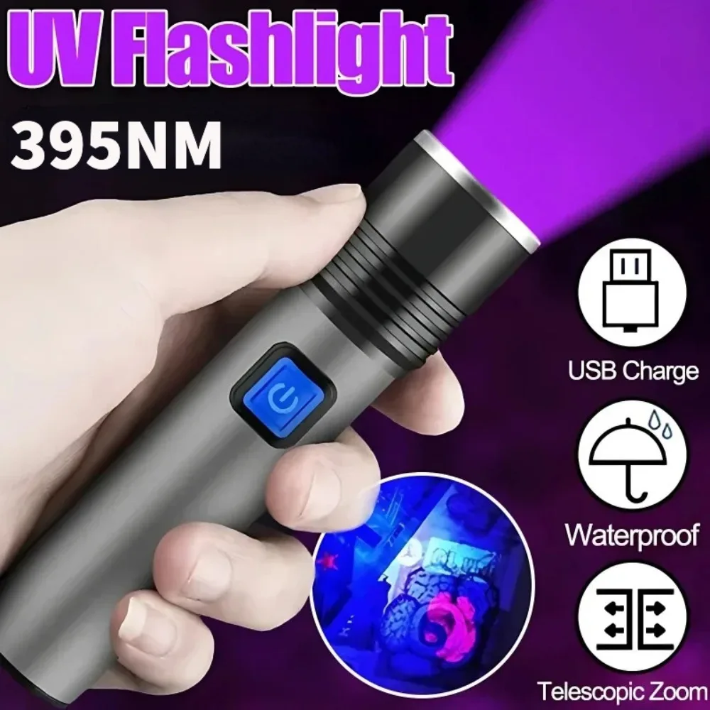 

395nm UV Flashlight Blacklight Ultraviolet Zoomable USB Rechargeable Ultraviolet Mini Torches Inspection Lamp for Pet Urine