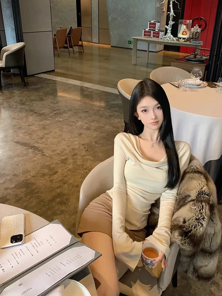 Fashion Irregular Long Sleeve T Shirt Women Autumn Sexy Slash Neck Slim Female Base Tops Korean Solid Simple All Match Pullover