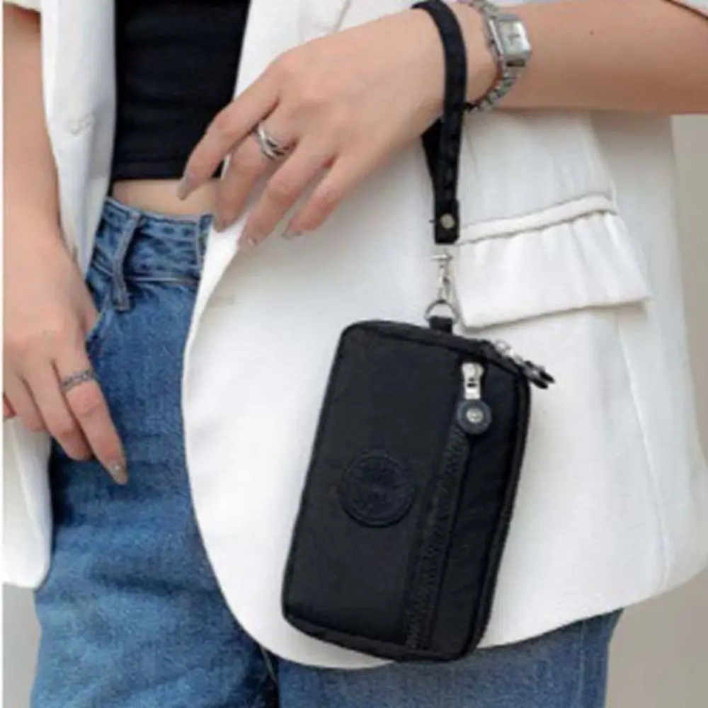 Three Zippers Solid Color Coin Purse Niche Design Korean Style Wrist Phone Purse Solid Color Nylon Small Phone Bag Travel