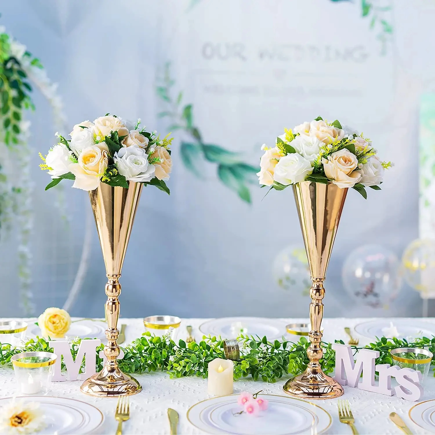 

Gold Metal Wedding Flower Trumpet Vase, Table Decorative Centerpiece, Artificial Flower, Ceremony Party, Birthday Event, 10 Pcs