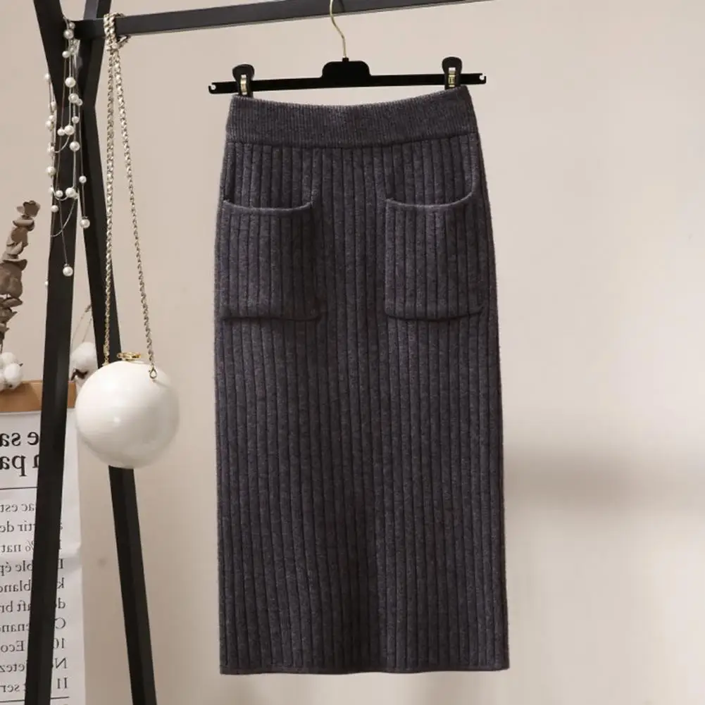 

A-line Silhouette Skirt Casual Commuting Skirt Stylish Women's Knitted Midi Skirt Thick High Waist Elastic Pockets for Winter