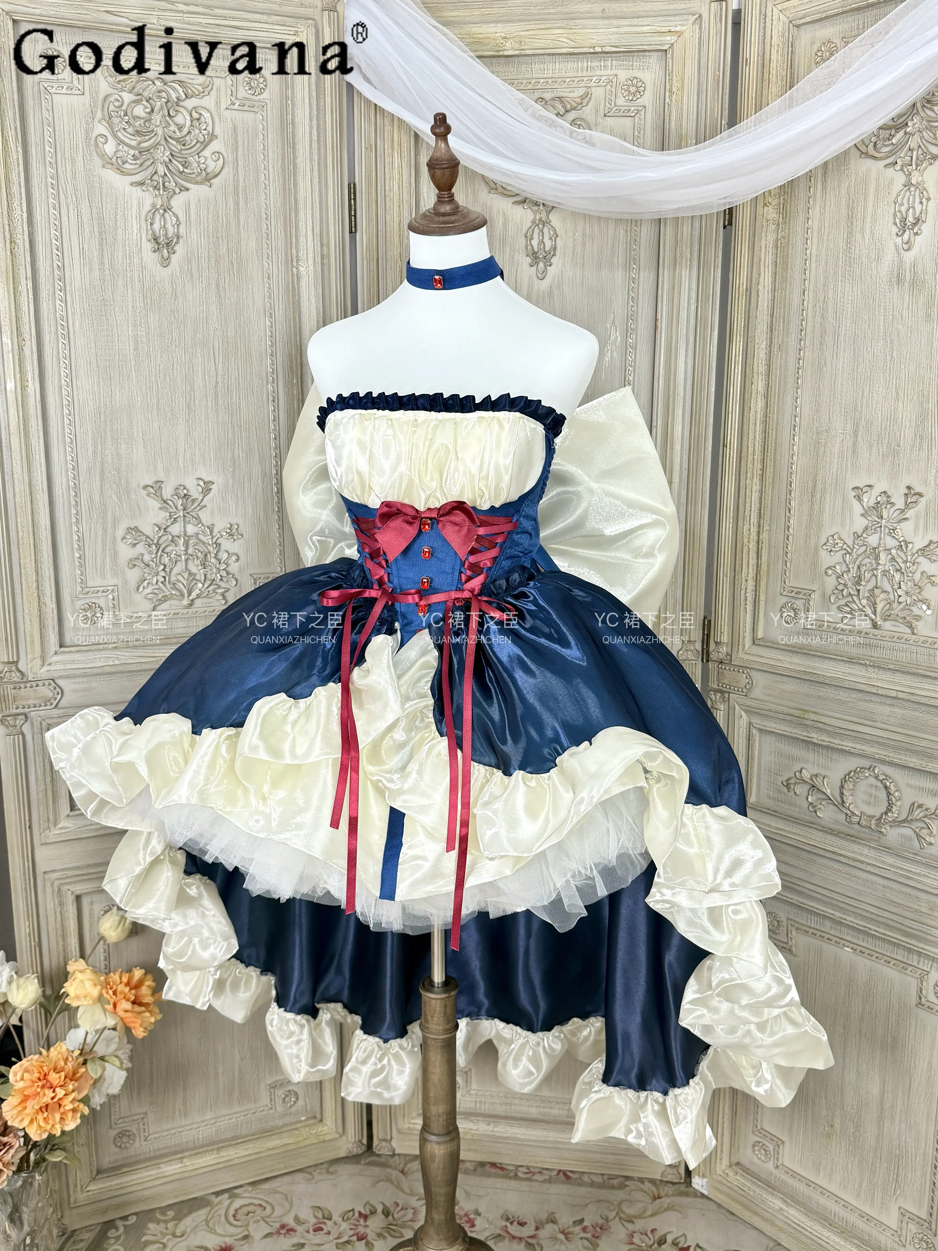 

High-end Blue Lolita Birthday Dress Spring Summer New Girls Woman Sweet Elegant Big Bow Trailing Puff Dress Ladies Evening Dress