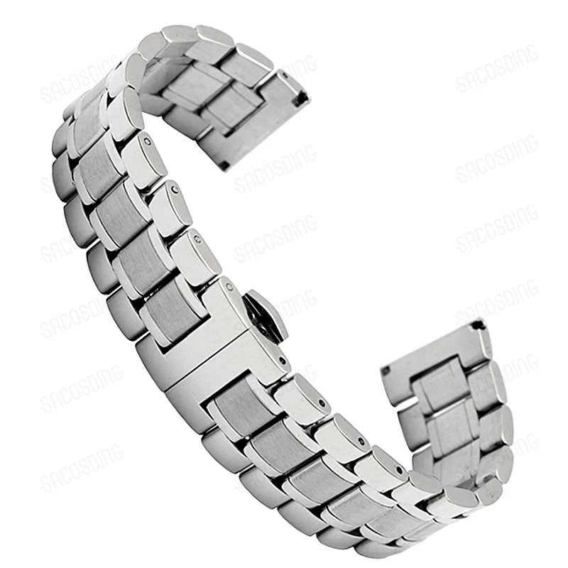 【SACOSDING】Solid Stainless Steel Watch Strap Double Press Butterfly clasp watch band 18mm 20mm 22mm Vacuum IP Plating（Silver）