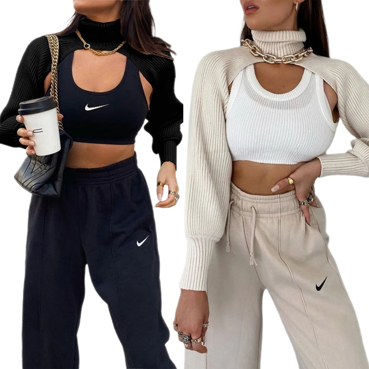 Donna s collo alto manica lunga a sbuffo aperto davanti Crop Cardigan Top Shrug maglione lavorato a maglia a coste Pullover Crop Top