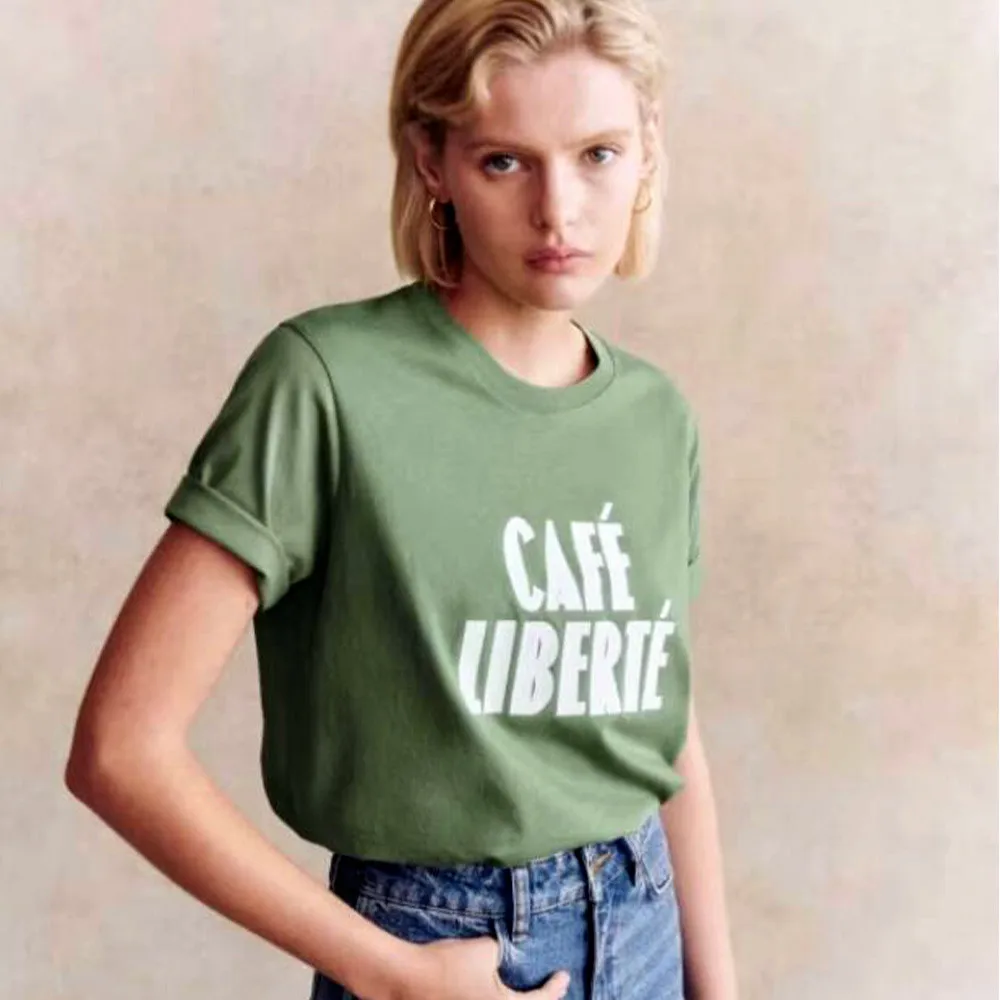 Cafe Liberte Letters Printing Retro Loose Cotton Army Green T Shirts Female Summer Short Sleeve Fashion Tops Casual Elegant Tees