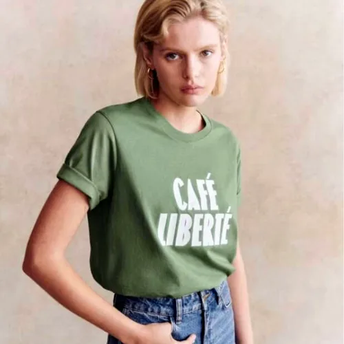 Imagen 2 del producto Cafe Liberte-camisetas Retro holgadas de algodón con estampado de letras para mujer, camisetas de manga corta para mujer, camisetas elegantes informales de verano