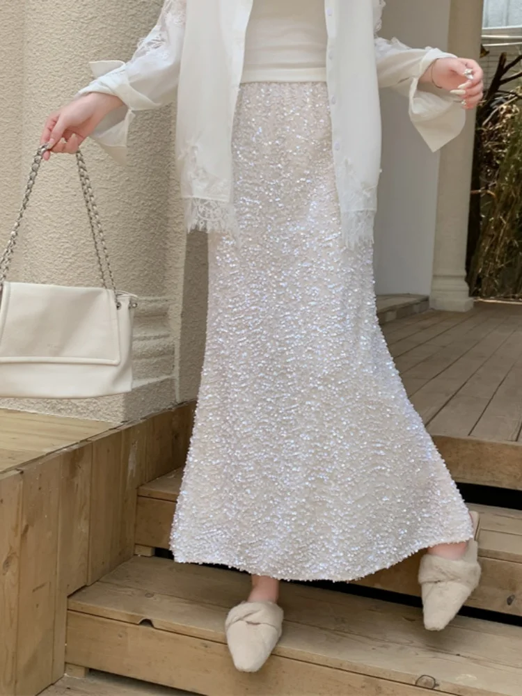 SMTHMA 2025 جديد الخريف مزاجه التنقل مشفرة الترتر البوق حورية البحر تنورة المرأة عالية الخصر ضئيلة تدلى تنورة طويلة #3