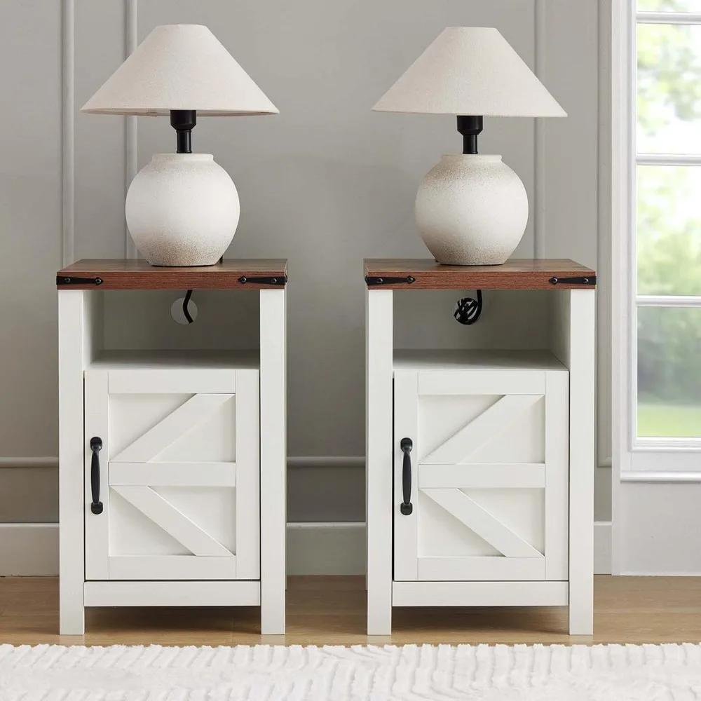

White farmhouse-style bedside table set (2 pieces), side table set with charging station, sofa side table, Customizable