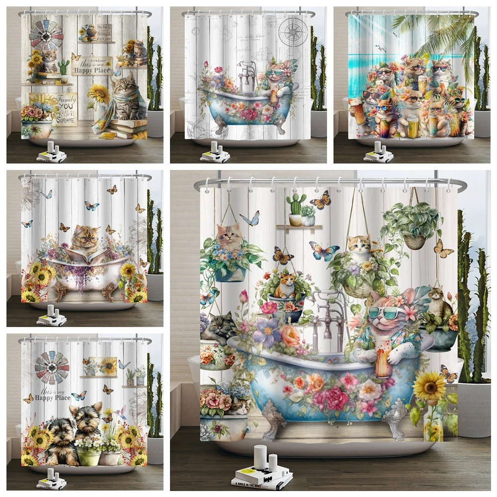 Cute Cat Shower Curtains for Bathroom Boho Flower Tropical Plant Floral Botanical Funny Kitty Animal Waterproof Bath Curtain