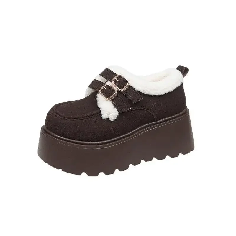 المرأة سميكة القاع الدافئة صوف مبطن أحذية عالية الكعب الثلوج ربيع الخريف الرجعية الانزلاق على الأحذية القطنية المطاط وحيد #5