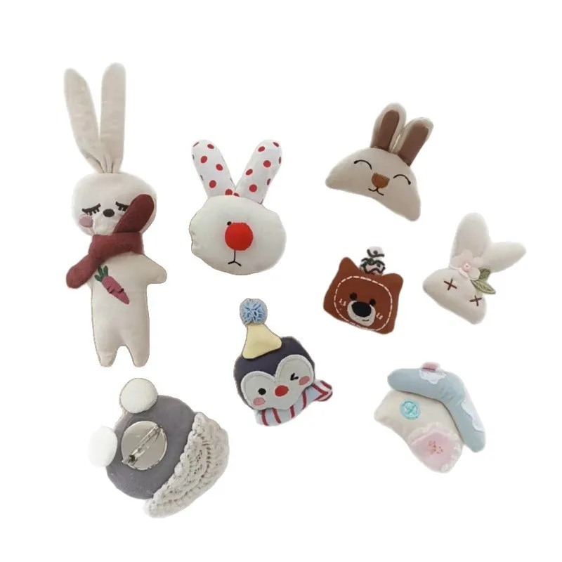 Soft Stuffed Fabric Brooch Pin for Kids Cute Little Bear and Rabbit Cartoon Flower Embellishment for Hat Bag