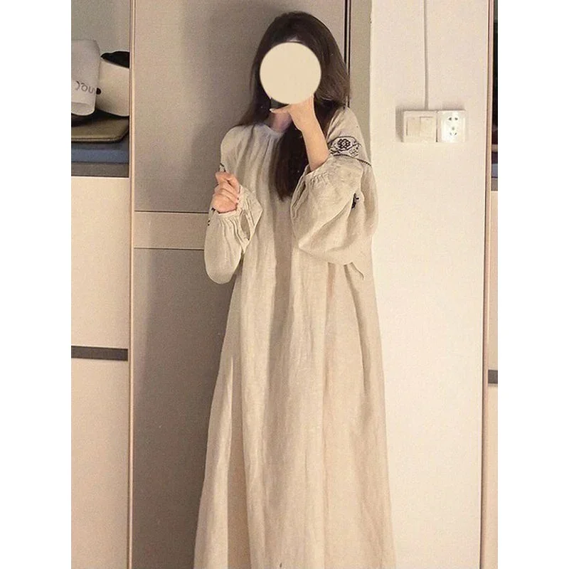 Women Spring French Style Sweet Nightdress Female Foral Print Lantern Sleeve Long Pajamas Home Suit Dress Can Be Wear Outsi MN3