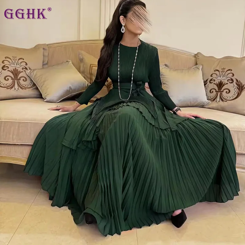 

GGHK Pleated Women Two Piece Solid Color Round Neck Long Sleeve Top + Irregular Design Lantern Skirt 2024 Autumn New Female Set