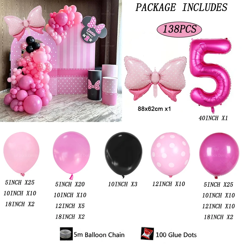 138-teiliges Cartoon Mini-Ballon-Girlanden-Set Rosa Schleifenballons Rosenrote Zahlen Mädchen Geburtstagsparty Deko Baby-Shower Geschenke Zubehör – Detail 7