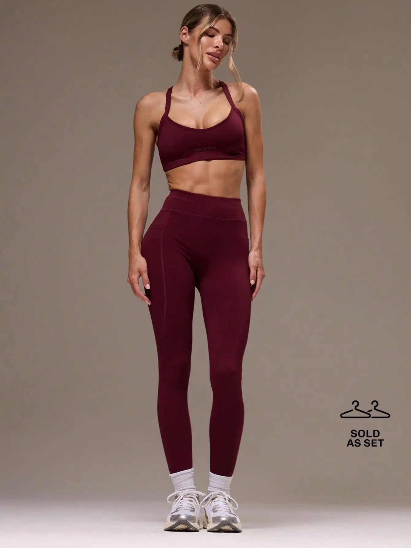 Conjunto Deportivo para Mujer con Sujetador Deportivo Cruzado Color Granate y Leggings de Cintura Alta para Gimnasio, Yoga, Pilates y Uso Casual