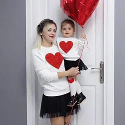 Mommy and Me Valentines Day Shirts Glitter Heart Sweatshirt Mama and Mini Sweaters Fashion Holiday Family Matching Clothes