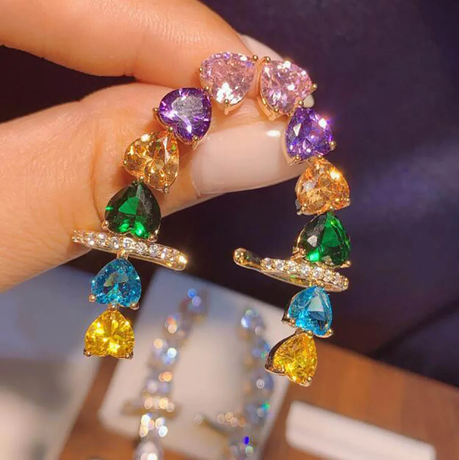 fashion peach heart earrings symmetry elegant women shiny zircon fancy European American popular hot ear jewelry