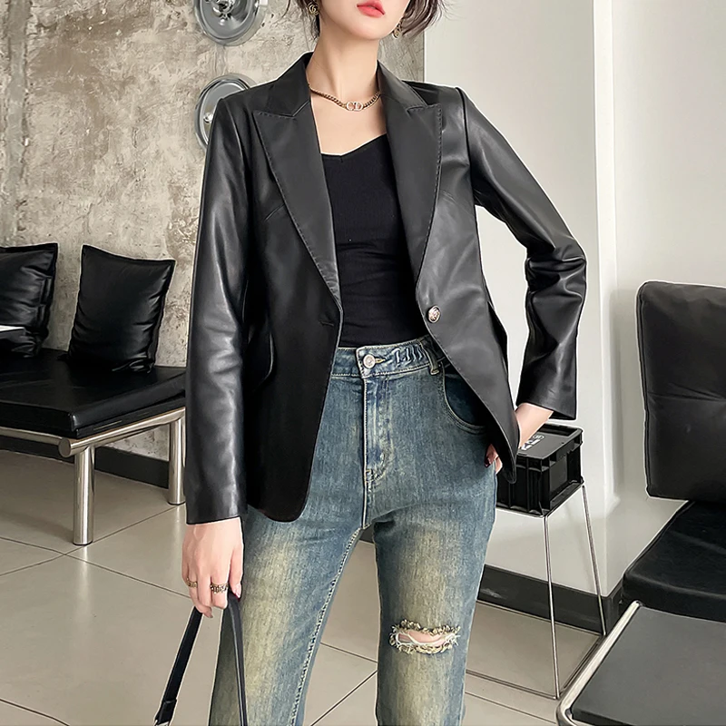 M-3XL chaqueta de cuero auténtico de primavera para mujer, chaquetas elegantes con cuello de solapa y un solo botón para mujer, chaquetas cortas ajustadas de traje de piel de oveja 2025