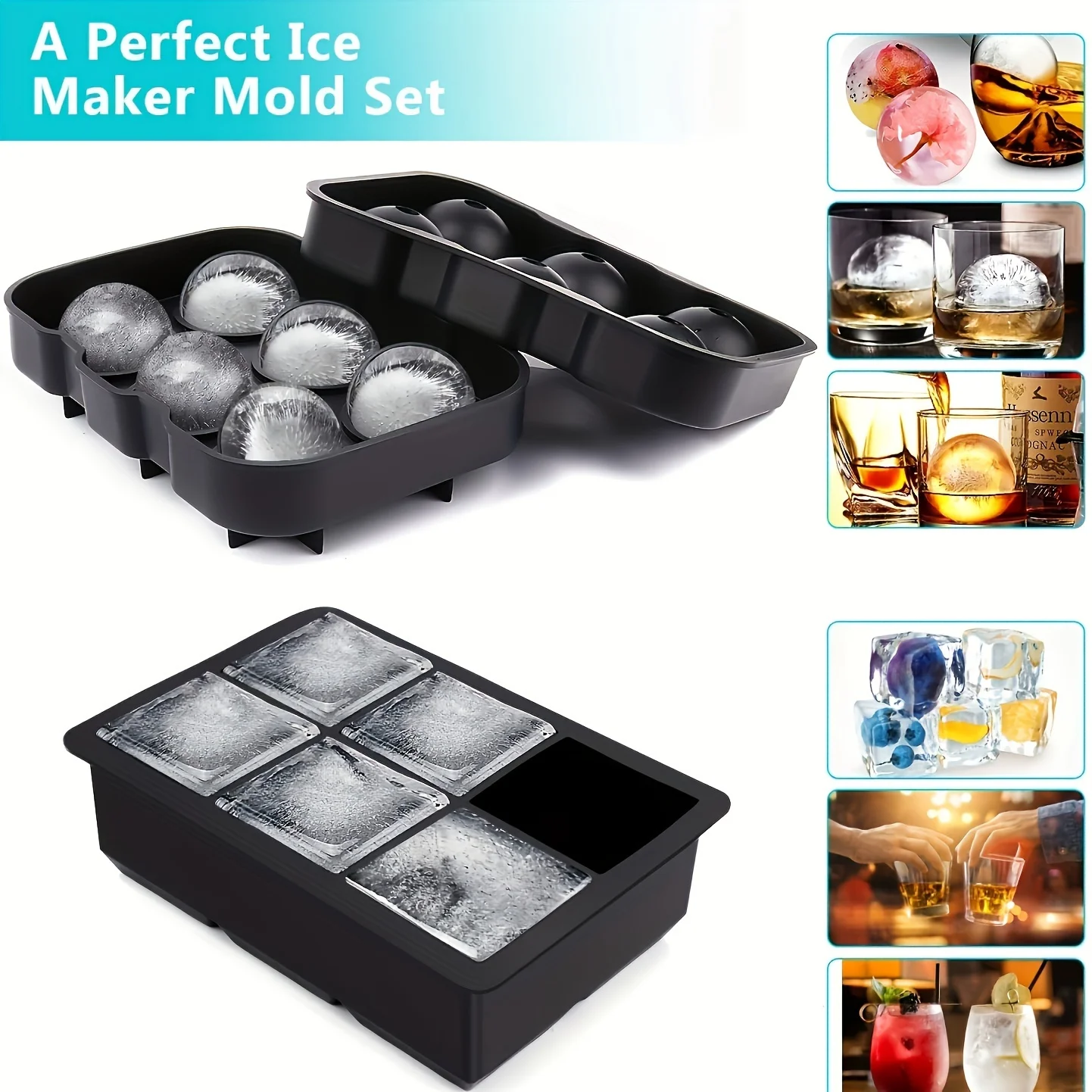 2pcs Ice Cube Tray, Silicone Ball Ice Cube Maker With Lid And Large Square Ice Cube Mold For Making Drinks And Storing Food, Sui