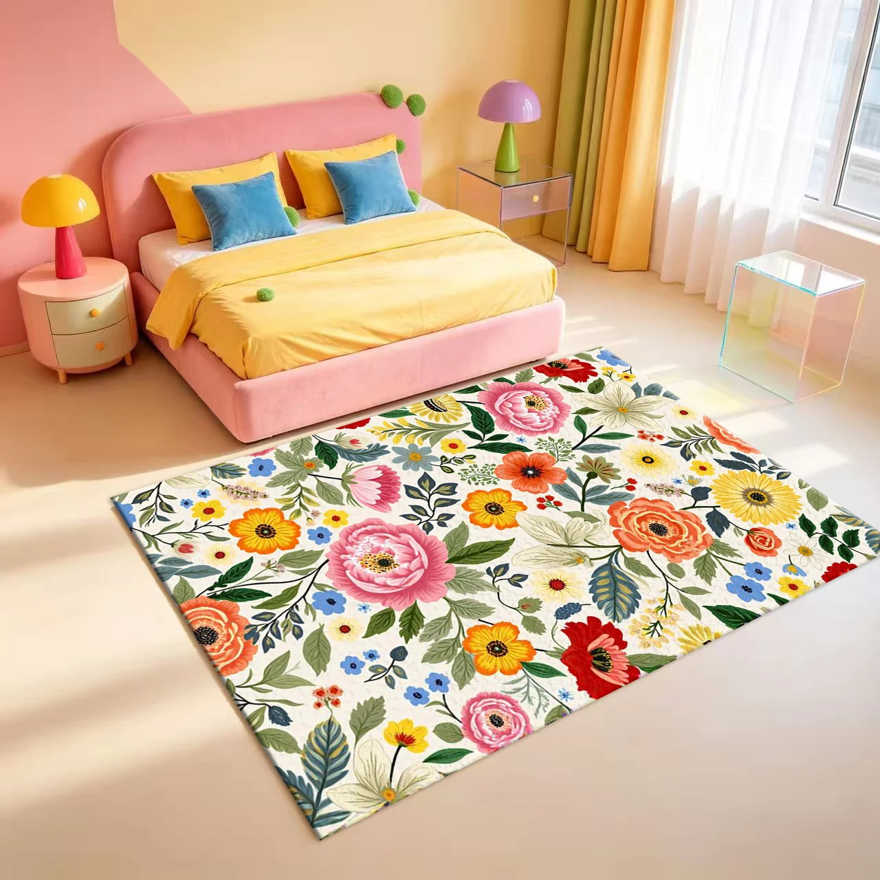Vibrant Mixed Peony Wildflower Botanical Print Carpet Flooring Colorful Floral Art Area Rug For Living Room Home Floor Decor