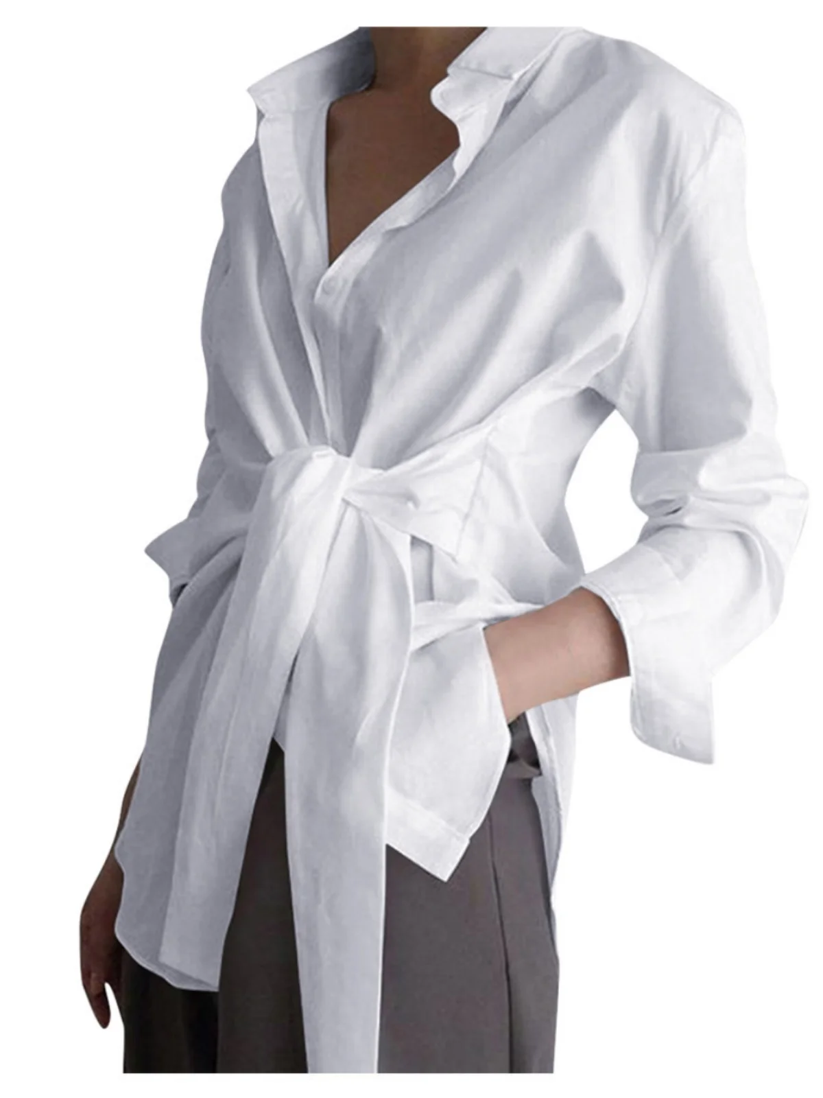 

Women's Loose Strap irt Pure Color Tie Dye Blouse Street Sle Long Sve Button up Casual irt for Young Women