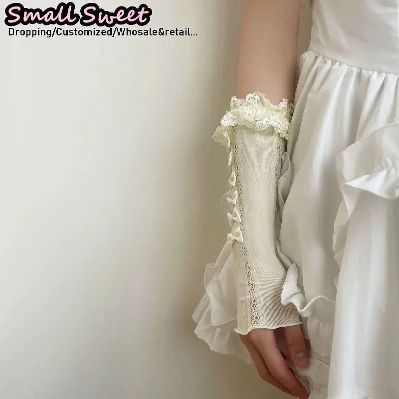 Women's Japanese Style Lolita Arm Sleeves Harajuku Lace Gloves with Bow Sun Protection Sweet Fingerless Arm Covers