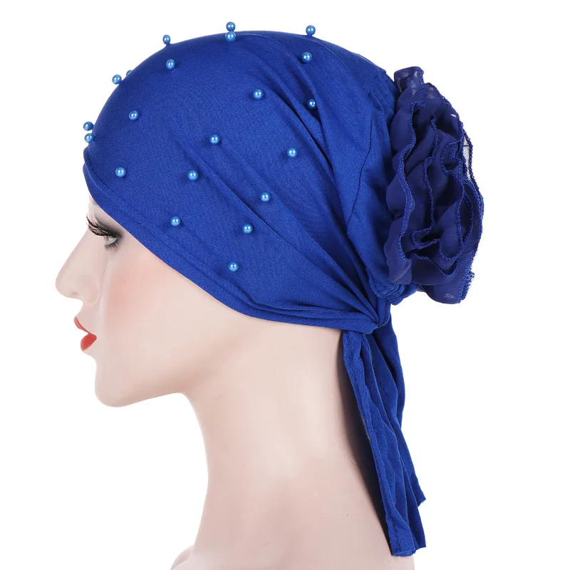 

New Beads Solid Color Big Flower Turban Chemo Cap Women Muslim Baotu Caps Hijab Beanies Bonnet Hat Tie Knot Back Hair Loss Wrap