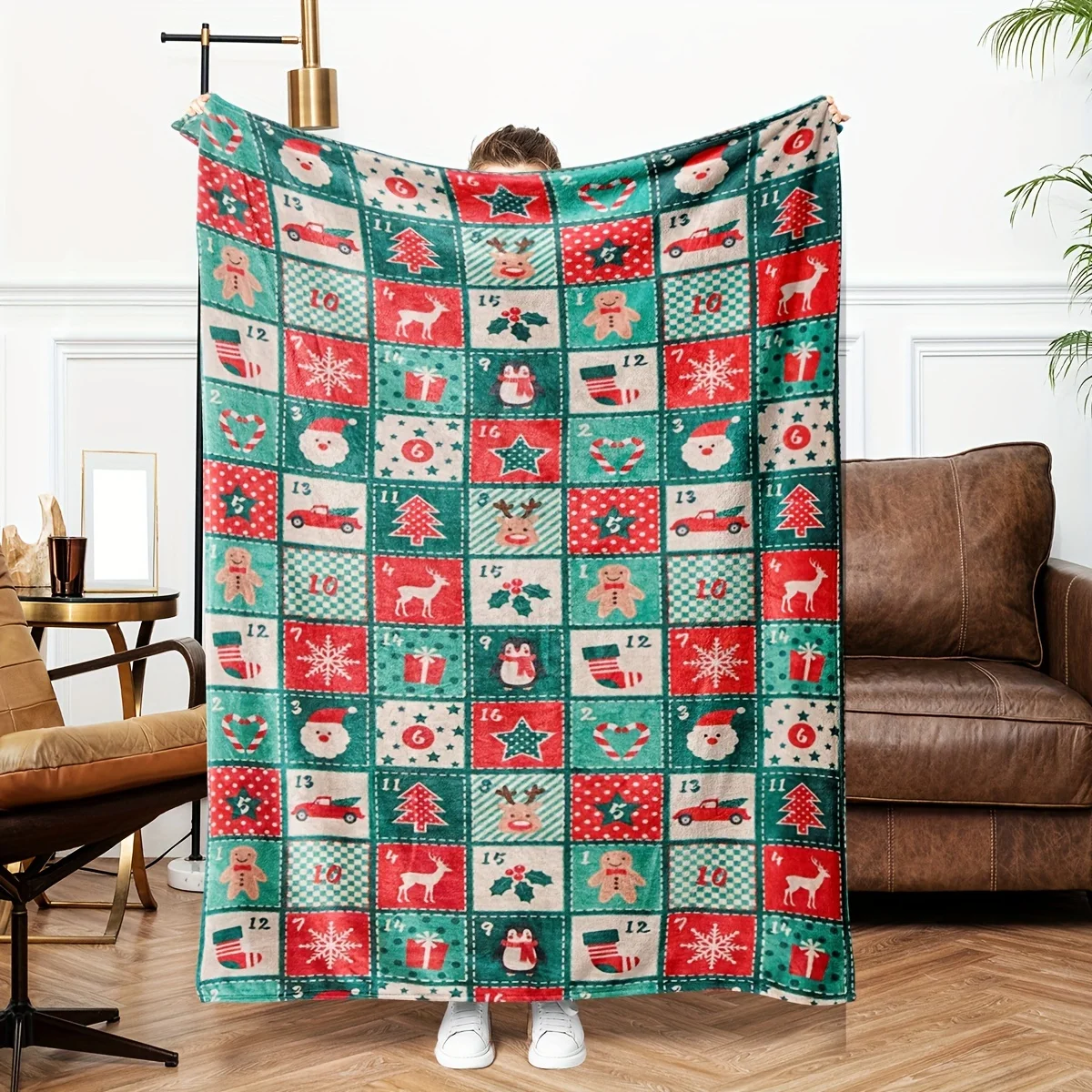Festive Xmas Countdown Calendar Patchwork Flannel Throw Blanket,Soft Plush for Sofa Bed Travel Xmas Party Indoor Home Decoration