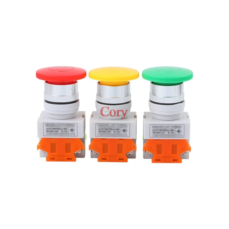 1PCS Push Button Switch Mushroom Head 1NO 1NC AC 660V 10A 40mm Button 22mm Mount Green/Red/Yellow