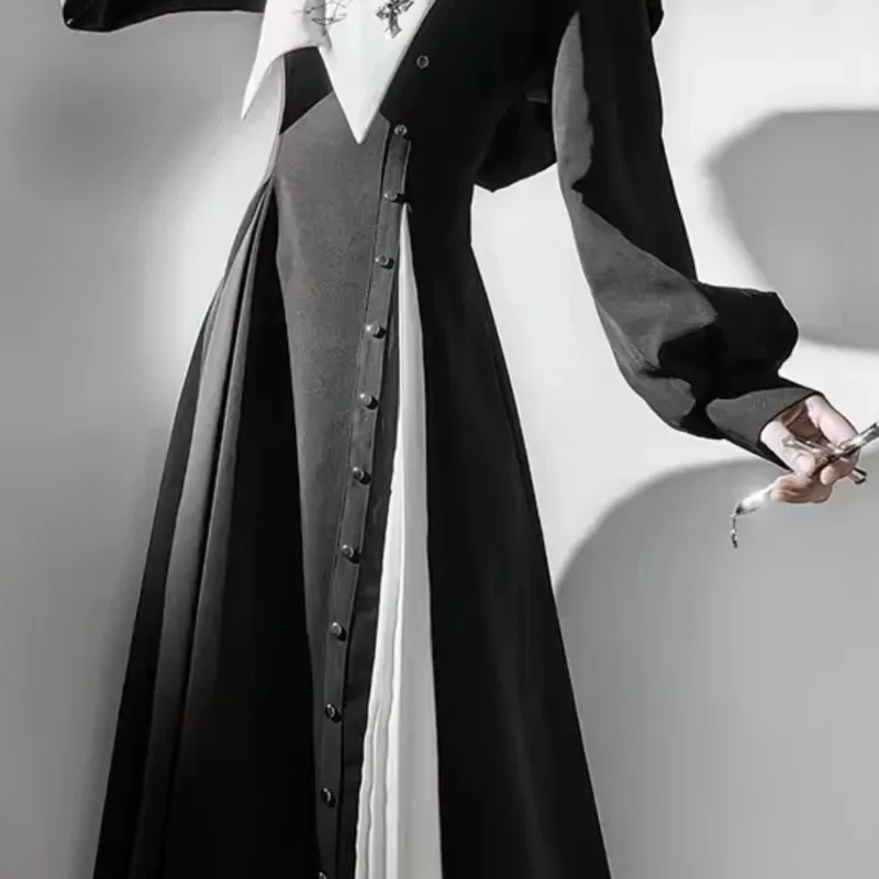Y2k Gothic Dark Academia Kleidung Harajuku Schwarz Weiß Lolita Kleid für Frauen 2025, Frühherbst, neue Langarmkleider