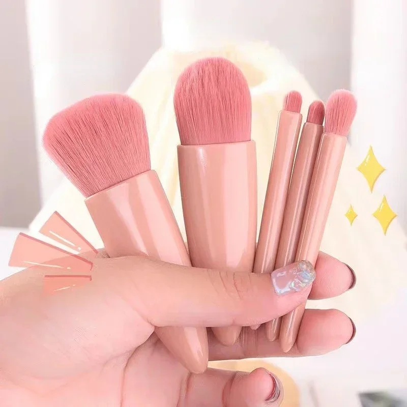 5Pcs Portable Makeup Brush Set with Mirror for Travel - Lip Highlight, Eyeshadow and Foundation Powder Blending Cosmetic Tools