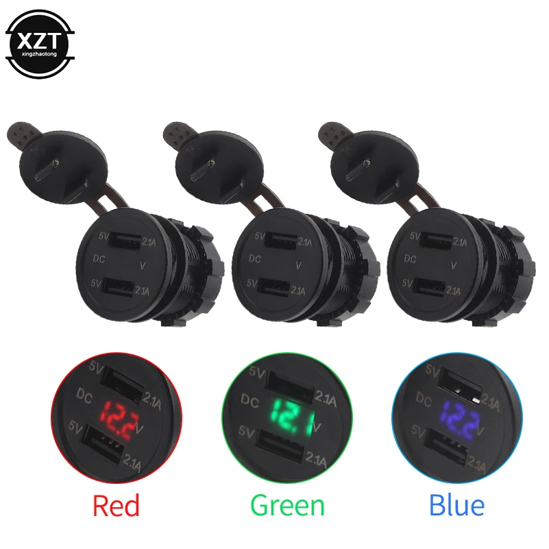 NEWEST Motorcycle car cell phone USB charging head 4.2A support battery voltage display green with cable 60cm