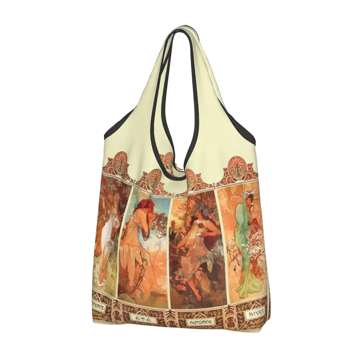 Alphonse Mucha Four Seasons Shopping Bags Reusable Grocery Eco Bags Large Capacity Women Recycling Bags Washable Handbag