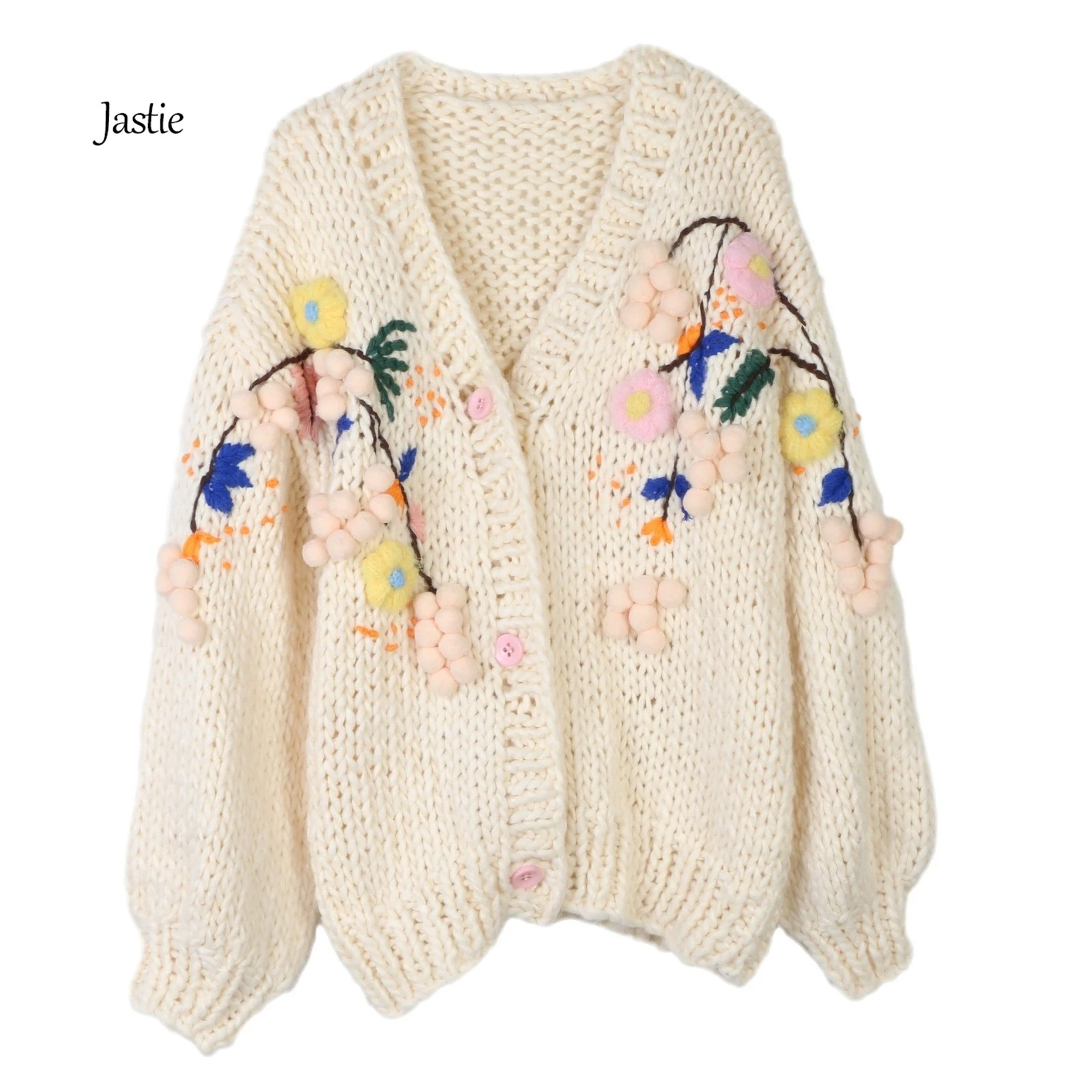 Jastie Autumn And Winter New Long-sleeved Wool Sweater Cardigan Heavy Hand-hook Flower Loose Sweater Cardigan Thick Knitted Top