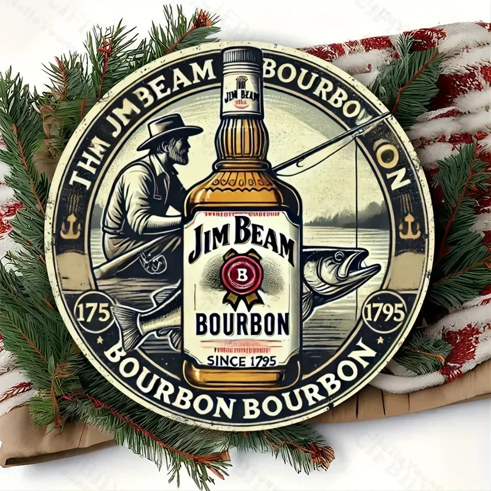 "علامة معدنية مستديرة من الألومنيوم مكونة من قطعة واحدة من جيم بيم فينتاج. لوحة فنية جدارية متينة، هدية مثالية للمساحات المتعددة، في الداخل أو الخارج." #1