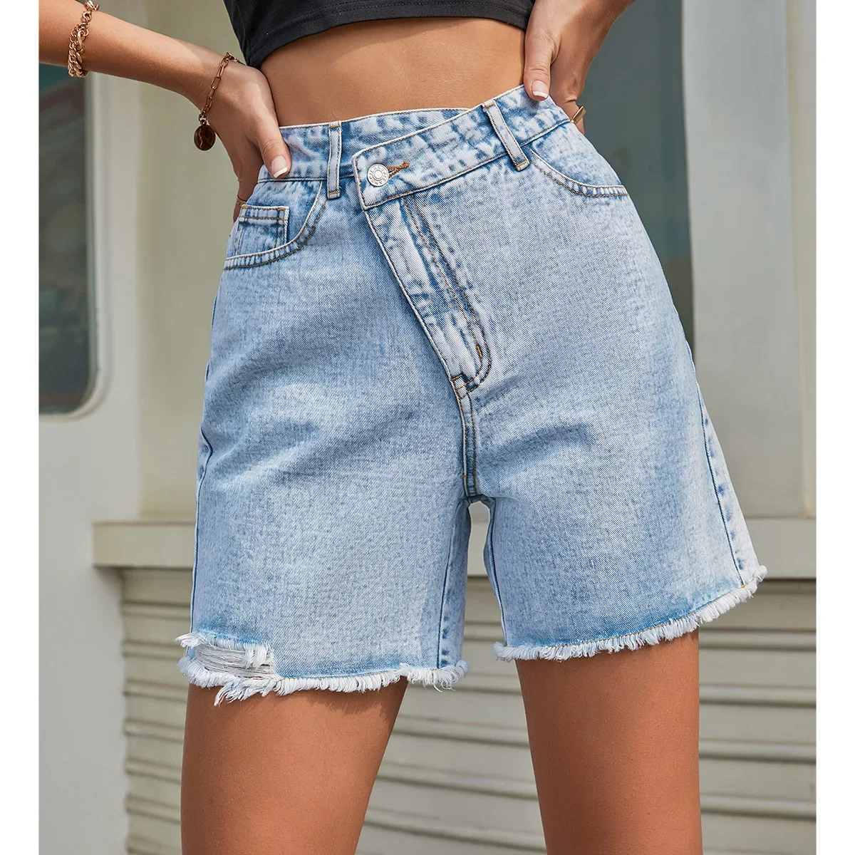 

Vintage Jeans Shorts Ripped Denim Loose Straight Knee Length Basics Pockets Solid Casual Distressed High Waist Spliced