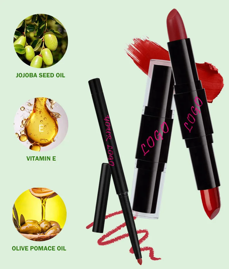 Batom de marca própria com delineador labial 2-1 Vegan Dual End dois lados batons foscos úmidos conjunto de cosméticos combinados atacado