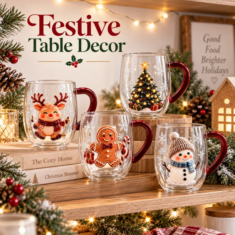 Cute Christmas Glass Coffee Mug Reindeer Gingerbread Snowman Tree Pattern Sticker Cup Winter Holiday Gift Drinkware