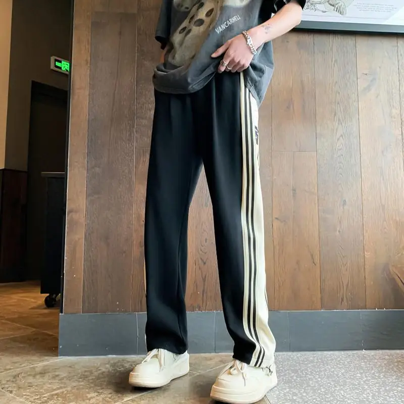 

American Style Contrasting Colors Casual Summer Thin Style Men High Street Straight Cylinder Stripe Patchwork Loose Trousers